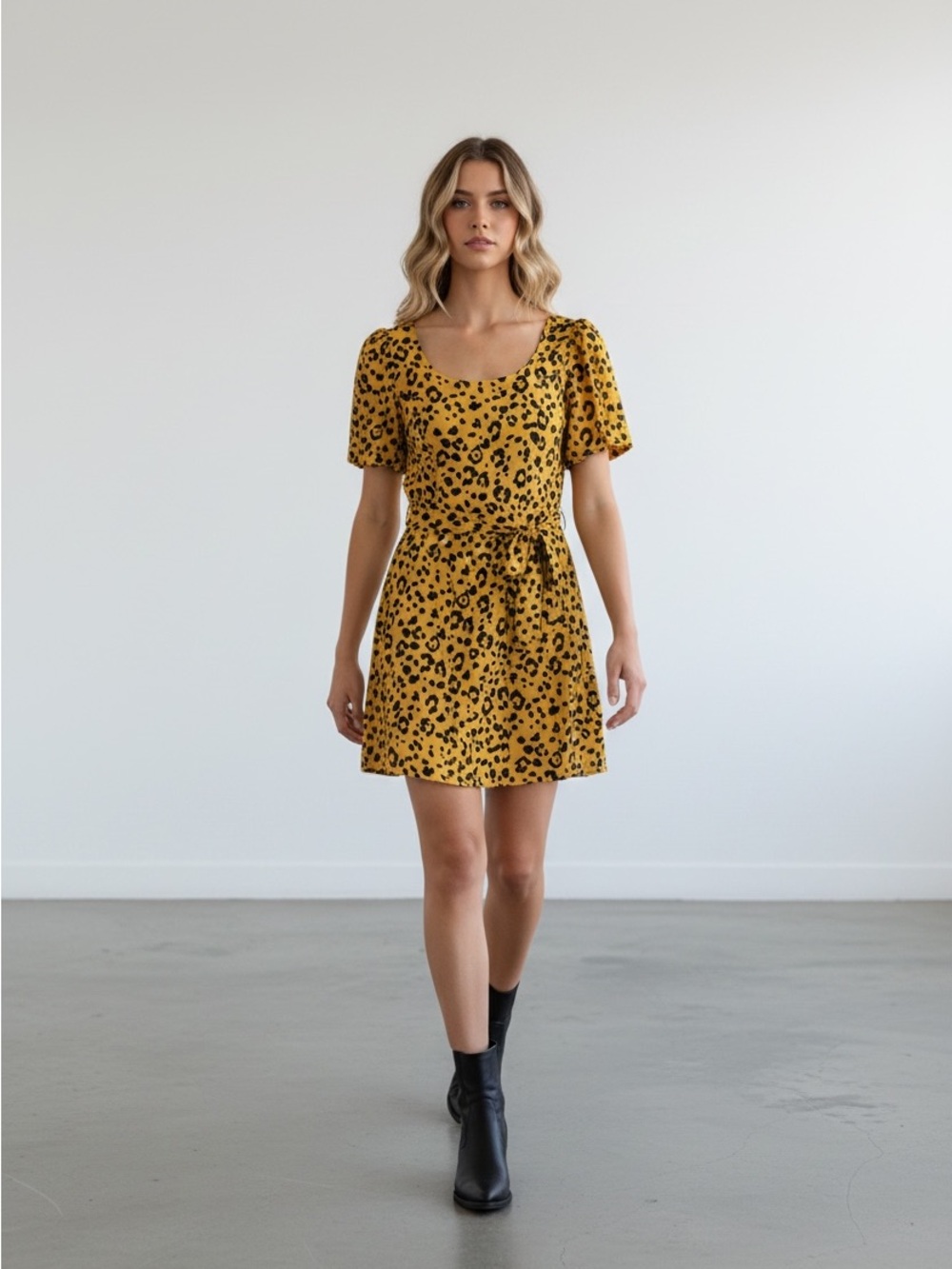 Yellow Leopard-Print Tie-Waist Mini Dress - Picture 2 of 3